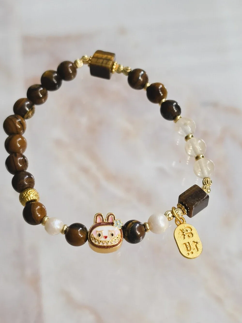 Labubu Tiger Eye Pearl Beaded Charm Bracelet Gold Tone Stretch Bracelet